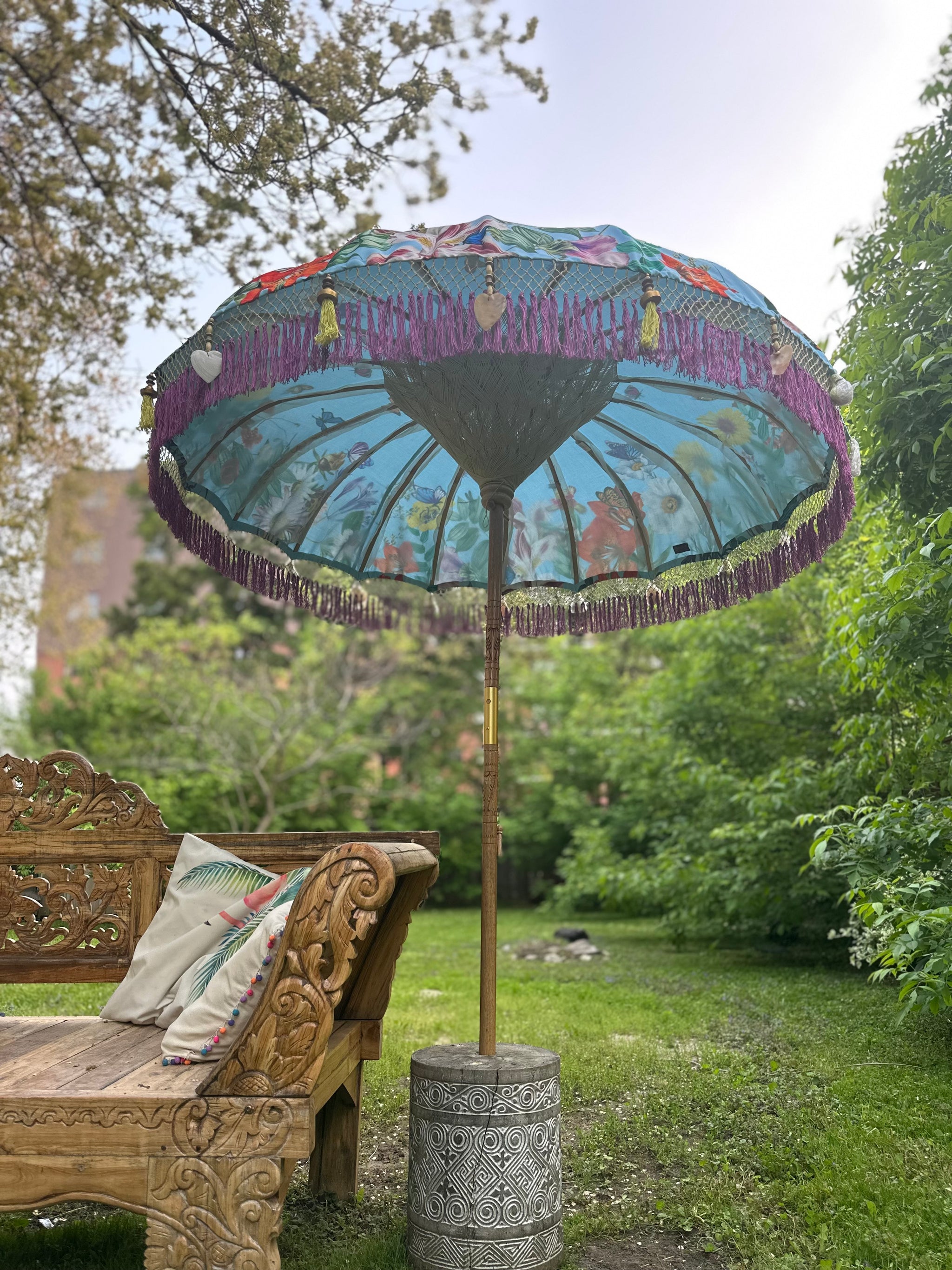 bali style patio umbrellas Butterfly Parasol – Handmade Balinese Umbrella with Floral Design –  Baliaric Balinese Garden Parasol
