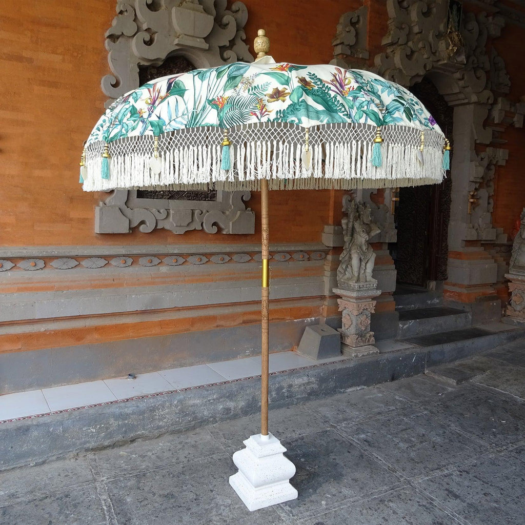 Elegant Birdie Parasol with colorful birds and greenery design, perfect for stylish outdoor settings.