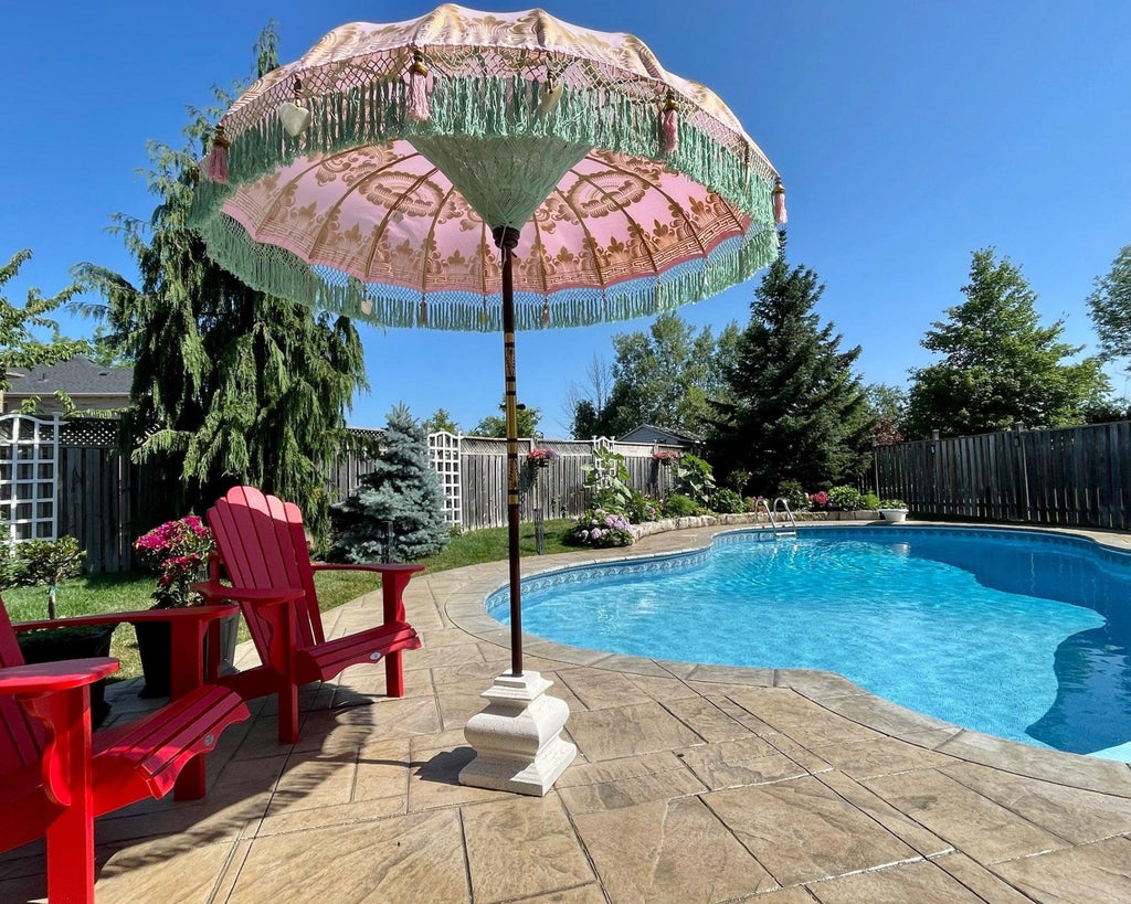 Pink Celebrity Parasol - Baliaric Balinese Garden Parasol Bali-inspired patio decor, Balinese style, Bamboo spokes, Decorative accents, Elegant home decor, Full Painted, garden and home, garden decor, garden decoration, garden idea, Home decorating ideas, home with garden, Magnificent craftsmanship, Mallorca Majestic collection, outdoor umbrella, parasols, parasols umbrellas, patio umbrellas, Pink, Preorder