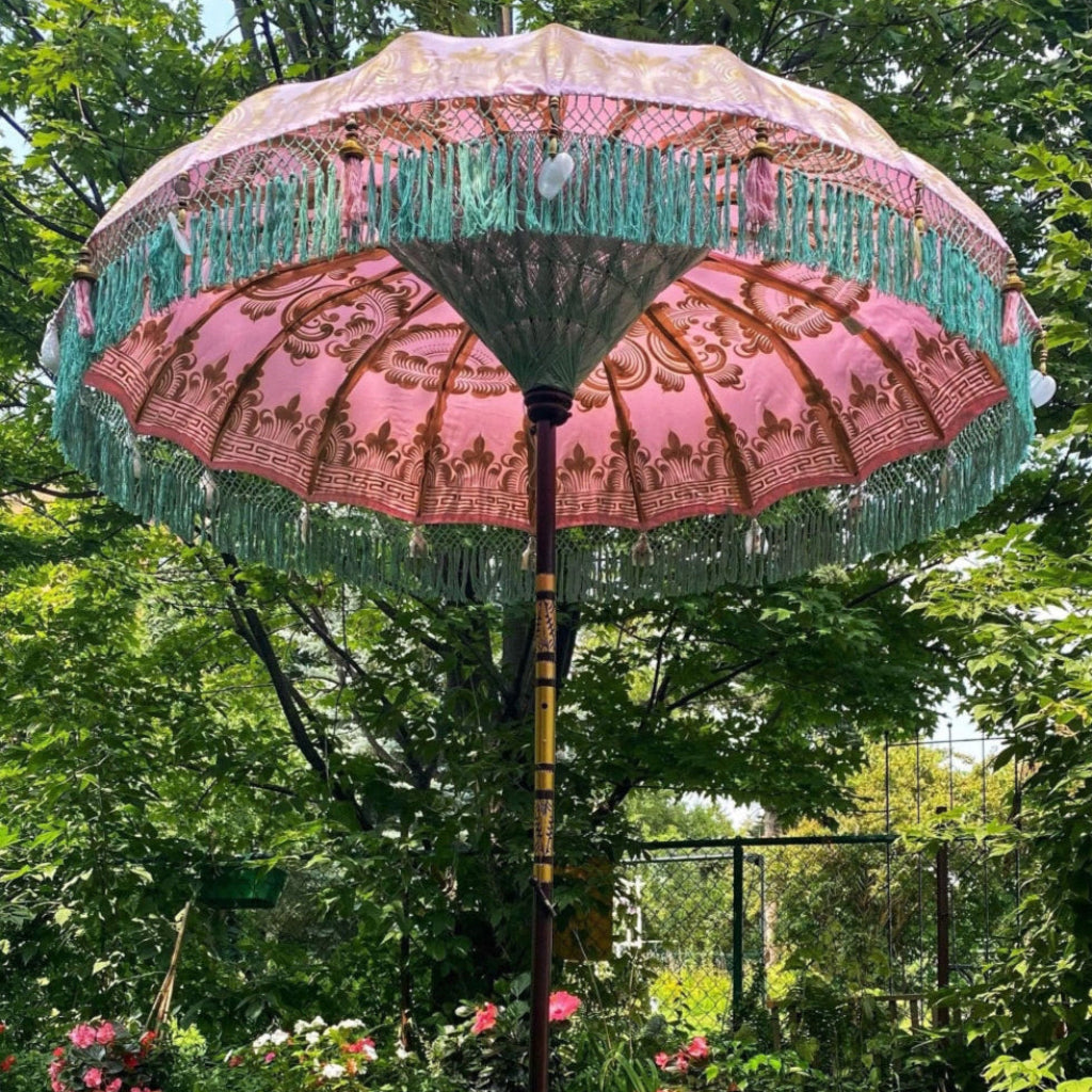 Pink Celebrity Parasol - Baliaric Balinese Garden Parasol Bali-inspired patio decor, Balinese style, Bamboo spokes, Decorative accents, Elegant home decor, Full Painted, garden and home, garden decor, garden decoration, garden idea, Home decorating ideas, home with garden, Magnificent craftsmanship, Mallorca Majestic collection, outdoor umbrella, parasols, parasols umbrellas, patio umbrellas, Pink, Preorder