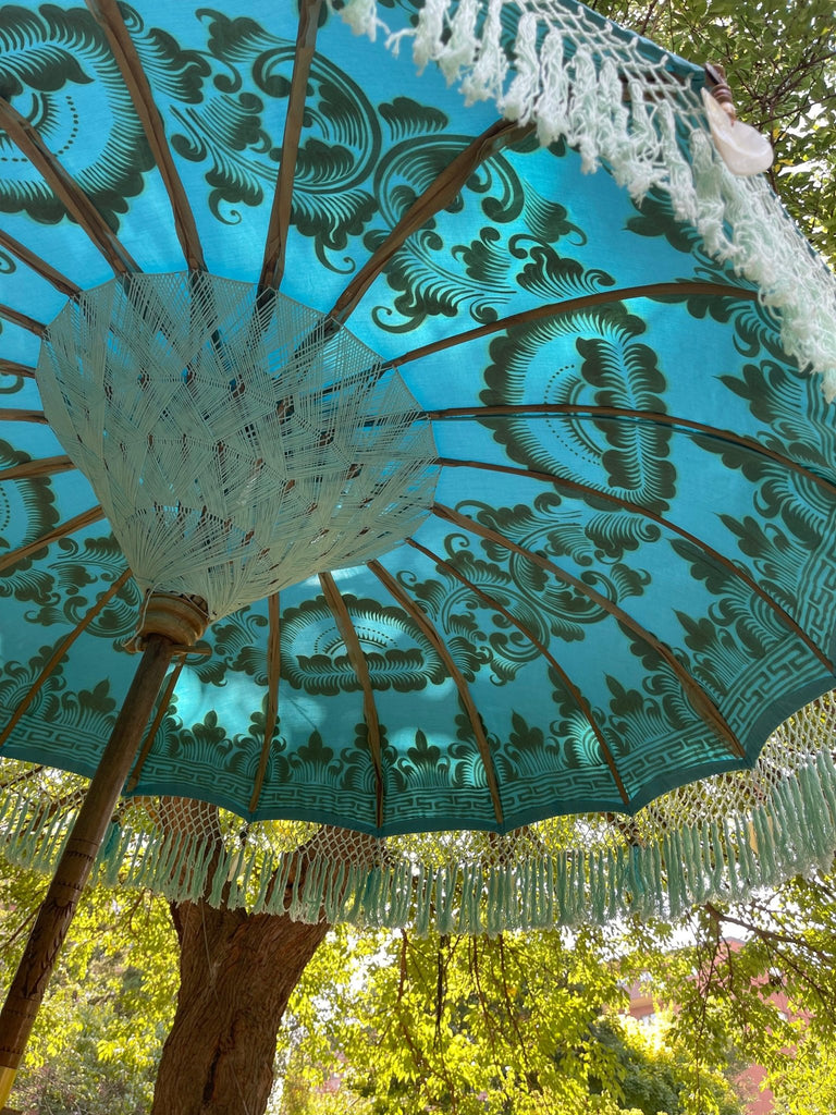Interior view of the Big Jack Parasol showcasing white threading, bamboo structure, and turquoise fabric with gold patterns.