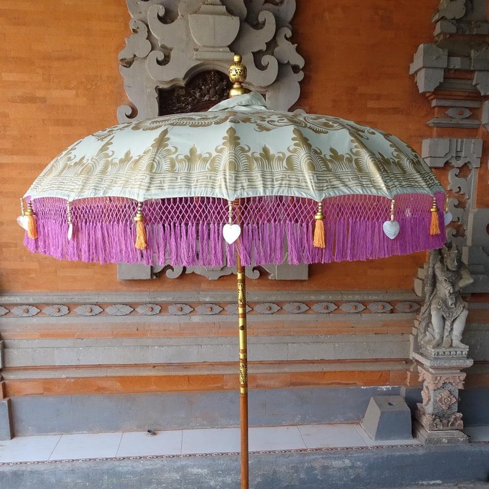 Boho-Style Balinese Parasol with Wooden Pole and Brass Details