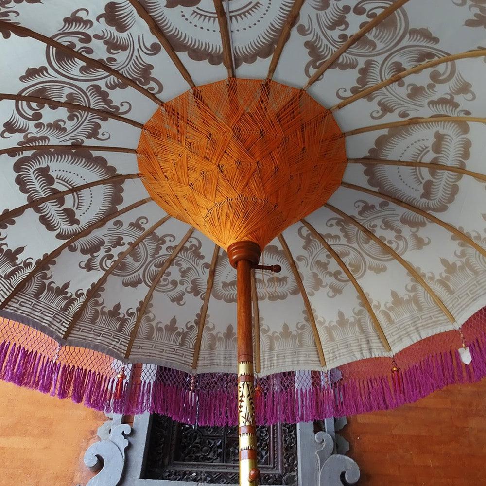 Luxury Fringe Patio Umbrella with Pink Fringe and Orange Tassels