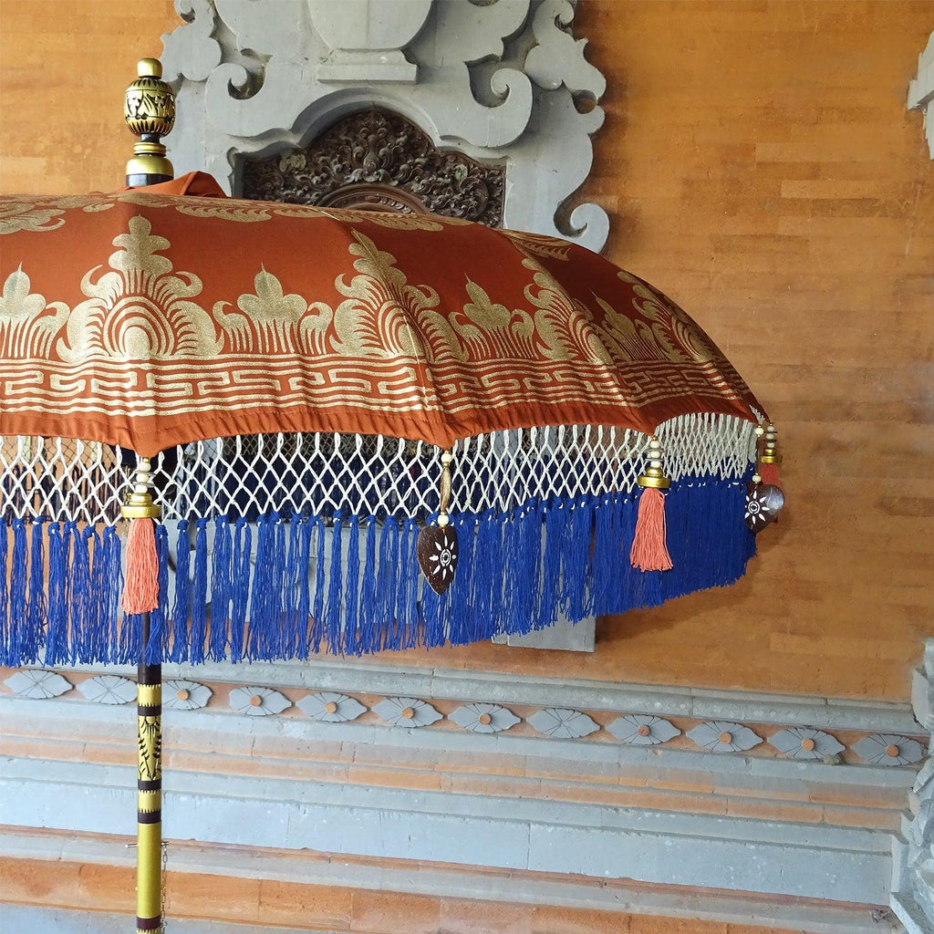 Balinese Outdoor Umbrella with Hand-Painted Gold Accents